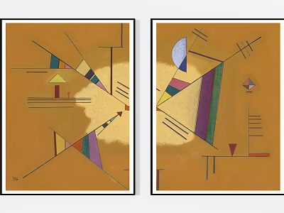 Two Panel Abstract Painting With Yellow Background Geometric Shapes And Colorful Elements 3d model