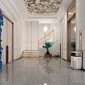 Modern Elegant Elevator Lobby With Blue Plant Wall Decor Polished Flooring And Intricate Ceiling Design