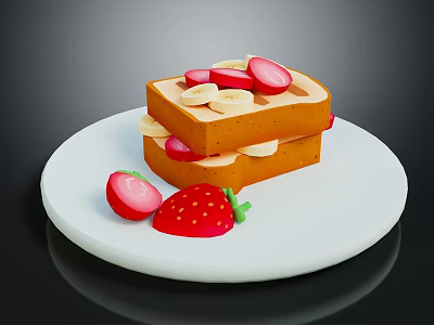 Creamy Waffle Stack With Fresh Banana Strawberry Slices On White Plate 3d model