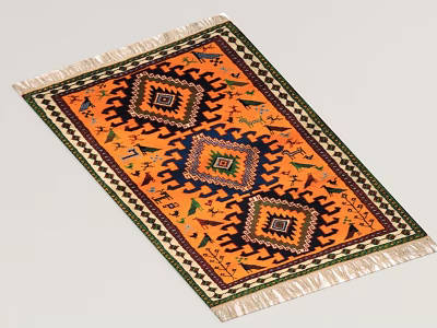 Orange Square Carpet With Geometric Patterns Fringe Edges And Colorful Motifs 3d model