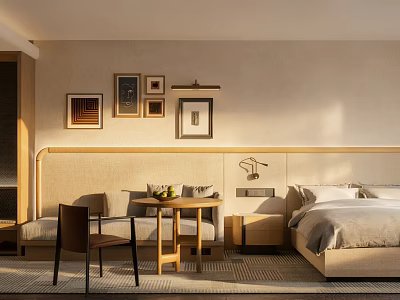 Modern Minimalist Hotel Guest Room With Comfortable Bed Nightstand And Wall Art In Warm Tones 3d model