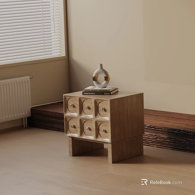 Modern Wooden Nightstand With Six Drawers Metal Handles Vase And Books On Top 3d model 
