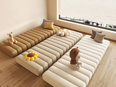 Comfortable Floor Cushions In Brown Beige And Light Gray With Stuffed Toys Sunflower And Pillows 3d model