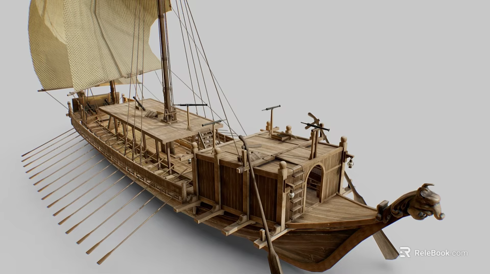 Detailed Wooden Sailing Ship Model With Canvas Sail And Carved Wooden Oars 3d model 