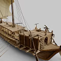 Detailed Wooden Sailing Ship Model With Canvas Sail And Carved Wooden Oars