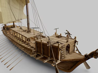 Detailed Wooden Sailing Ship Model With Canvas Sail And Carved Wooden Oars 3d model