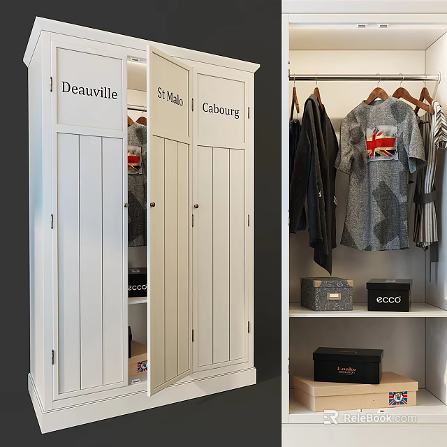 White Wardrobe Cabinet With Labeled Doors Hanging Clothes And Storage Boxes 3d model 