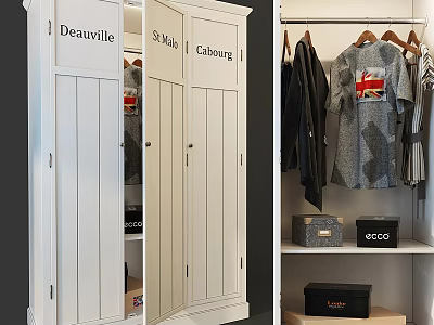 White Wardrobe Cabinet With Labeled Doors Hanging Clothes And Storage Boxes 3d model