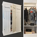 White Wardrobe Cabinet With Labeled Doors Hanging Clothes And Storage Boxes