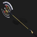 Decorative Double Bladed Battle Axe With Metallic Blades Gold Red Accents And Ornate Black Handle