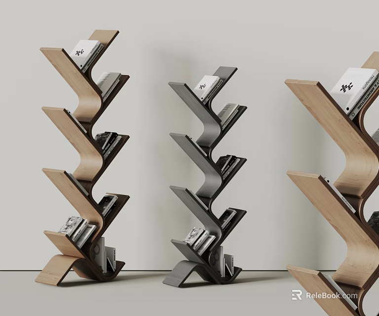 Modern Zigzag Designed Bookcases With Wooden And Black Finishes Holding Books And Magazines 3d model 