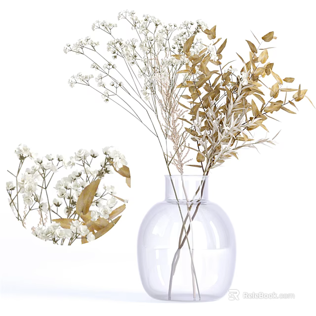 Transparent Glass Vase With White Decorative Flowers And Golden Foliage For Interior Decoration 3d model 