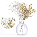 Transparent Glass Vase With White Decorative Flowers And Golden Foliage For Interior Decoration