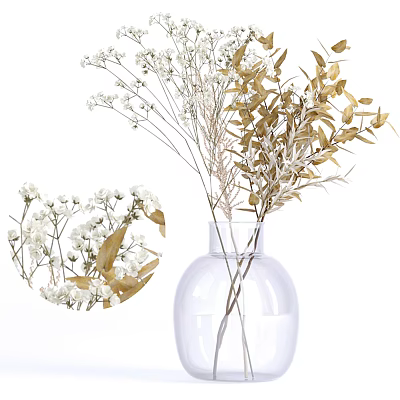Transparent Glass Vase With White Decorative Flowers And Golden Foliage For Interior Decoration 3d model