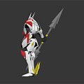Red White Yellow Mech Robot Standing Pose Holding Spear Shield on Shiny Reflective Floor 3d model