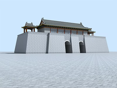 Ancient City Gate Tower With Gray Walls Traditional Roof And Arched Gateways 3d model