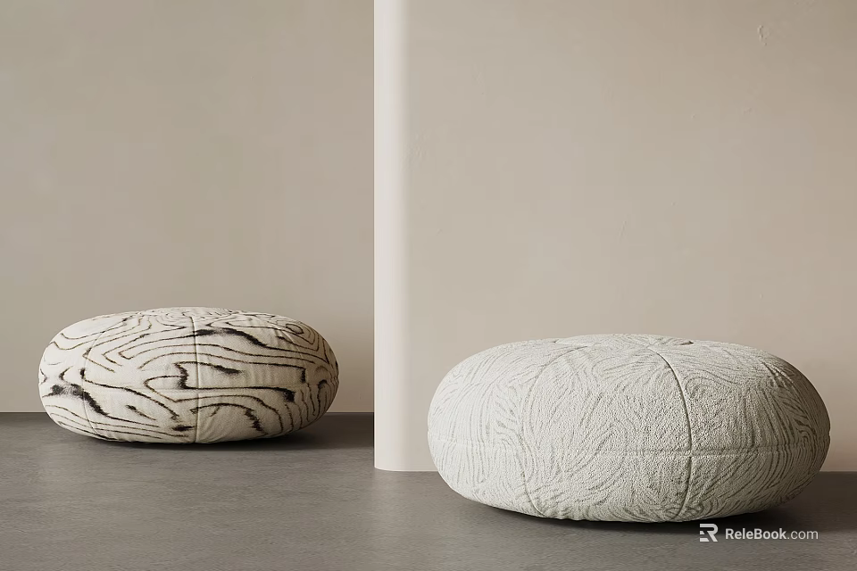 Round Padded Stools With Textured Surface And Dark Patterns In Minimalist Indoor Setting 3d model
