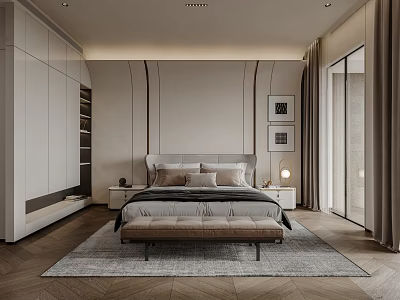 Modern Bedroom Interior Design With White Built in Wardrobes Paneled Accent Wall And Upholstered Bench 3d model