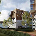 Modern Office Building With Contemporary Architecture Wooden Facade Green Trees And Landscaped Lawn
