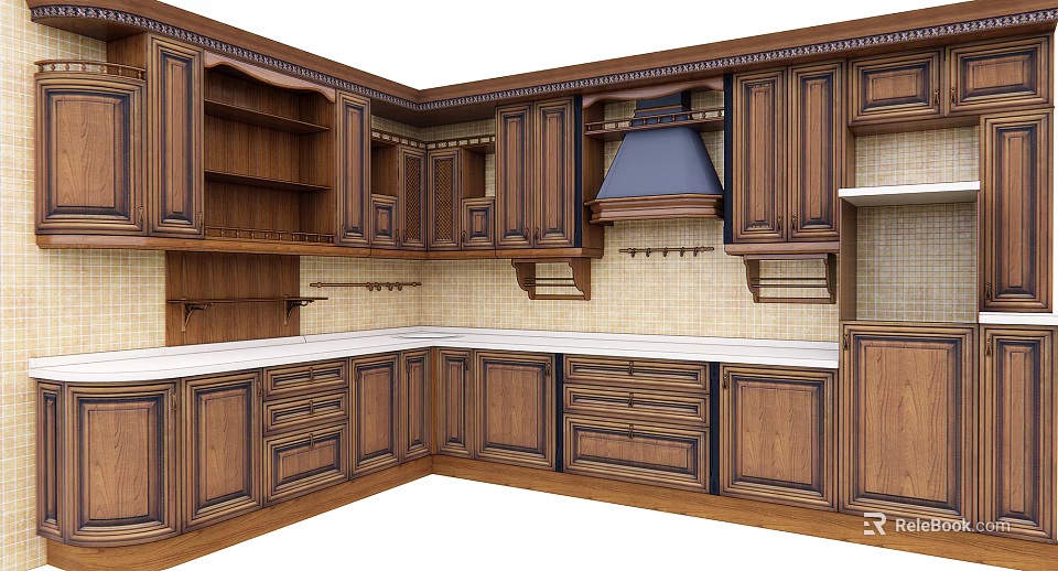 Traditional Wooden Kitchen With White Countertop Tile Backsplash And Cabinets 3d model 