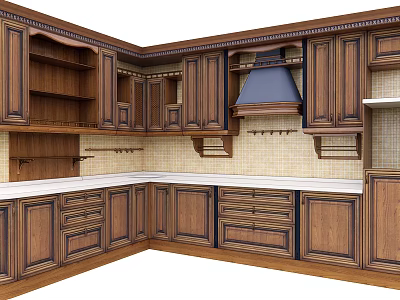 Traditional Wooden Kitchen With White Countertop Tile Backsplash And Cabinets 3d model