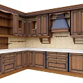 Traditional Wooden Kitchen With White Countertop Tile Backsplash And Cabinets