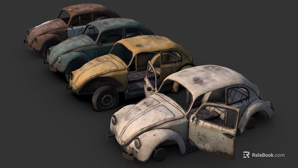 Collection Of Old Abandoned Cars With Rusty Bodies And Open Doors 3d model 