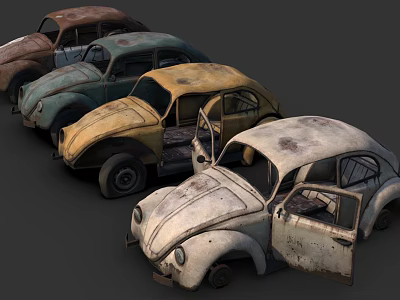 Collection Of Old Abandoned Cars With Rusty Bodies And Open Doors 3d model