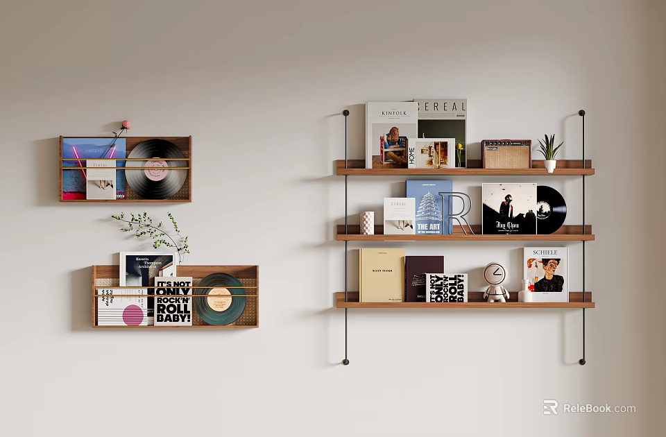 Stylish Wall Mounted Shelves with Vinyl Records Books Decorative Items and Small Plants 3d model 