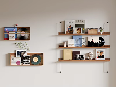 Stylish Wall Mounted Shelves with Vinyl Records Books Decorative Items and Small Plants 3d model
