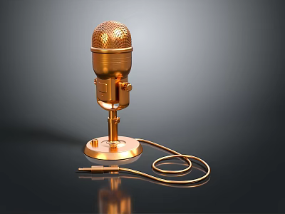 Golden Vintage Microphone With Metal Stand And Cable For Daily Use 3d model