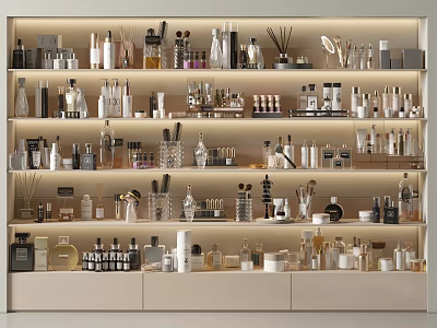 Perfumes and Cosmetics Collection with Bottles Brushes and Containers on Modern Shelves 3d model
