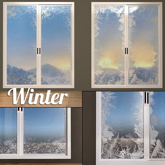 Winter Frosted Windows With Decorative Frost Patterns And Scenic View 3d model 