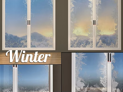Winter Frosted Windows With Decorative Frost Patterns And Scenic View 3d model