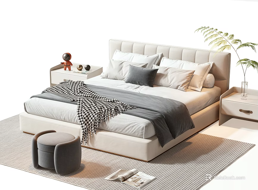 Modern Double Bed with Soft Upholstered Headboard Pillows Blanket Nightstand and Green Plant 3d model 