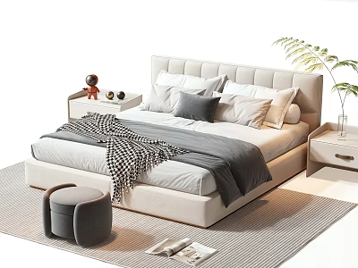 Modern Double Bed with Soft Upholstered Headboard Pillows Blanket Nightstand and Green Plant 3d model