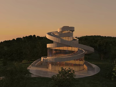 Spiral Modern Tower Design With Glass Structure Surrounded by Trees at Sunset 3d model