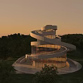 Spiral Modern Tower Design With Glass Structure Surrounded by Trees at Sunset