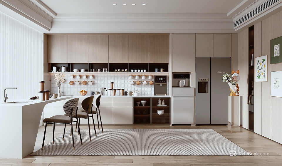 Modern Pantry Interior Design With Open Shelves Cabinets Coffee Machine And Bar Chairs 3d model 