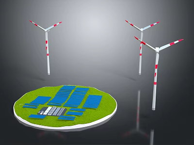 Renewable Energy System With Wind Turbines And Solar Panels On Circular Green Platform 3d model
