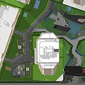 Residential Landscape Design With Modern Building Greenery Water Feature And Paved Walkway