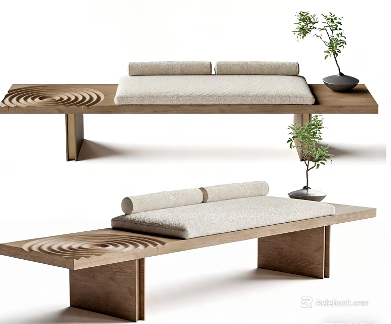 Modern Wooden Bench With Cushioned Seats Decorative Plant And Carved Design 3d model 