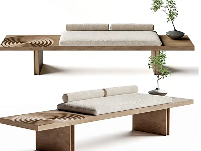 Modern Wooden Bench With Cushioned Seats Decorative Plant And Carved Design 3d model
