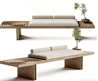 Modern Wooden Bench With Cushioned Seats Decorative Plant And Carved Design 3d model