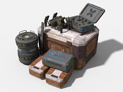Industrial Equipment Set With Toolbox Control Panel Storage Cases And Mechanical Parts 3d model