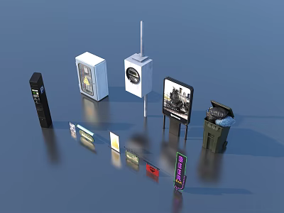Different Types Of Outdoor Advertising Structures Featuring Billboards Signage And Trash Bins 3d model