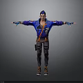 Man In Blue Jacket Standing With Arms Outstretched Decorative Cuffs Dark Pants Orange Shoes