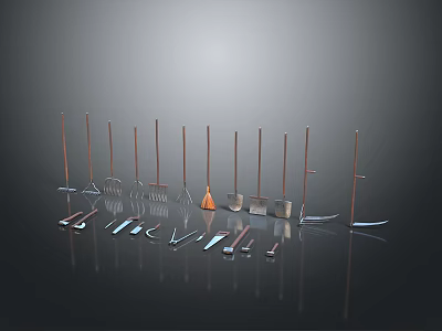 Essential Hardware Tools Collection With Shovels Rakes Pliers And Knives Arranged On Black Background 3d model
