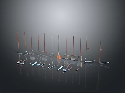 Essential Hardware Tools Collection With Shovels Rakes Pliers And Knives Arranged On Black Background 3d model