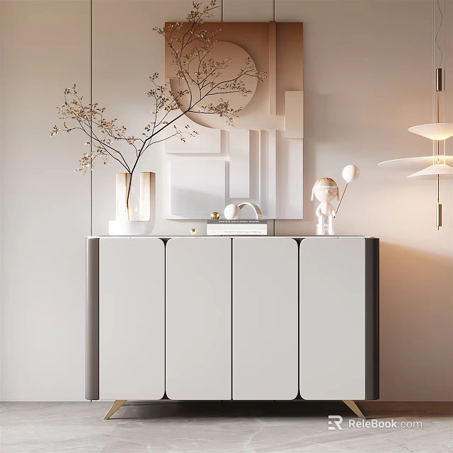 Minimalist Entryway Console Cabinet With Dried Flower Vase Wall Decor And Small Ornaments 3d model 